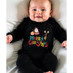 KNITROOT Cotton Knit Christmas Theme Full Sleeves Merry Christmas Text Printed Romper - Black image 4
