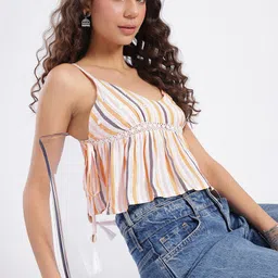 glitchez Self Design Striped Mirror Work Empire Crop Top-picture-32