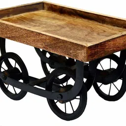 s.i creation Handicrafts Wooden Serving Cart/Tray with moveable Iron Wheels Snack Serving Platter for Dining Table Tray-picture-20