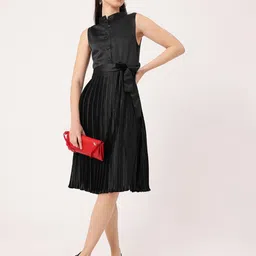 DressBerry Satin Sophistication Accordion Pleated Bow Detailed A-line Dress-picture-37