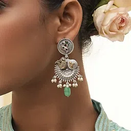 Biba Silver-Plated Artificial Stones And Beads Beaded Contemporary Shaped Drop Earrings image 2