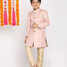 Vastramay Full Sleeves Self Design Sherwani And Pyjama - Pink Golden-picture-12