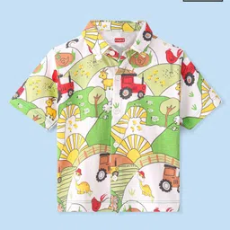 Babyhug Cotton Knitted Half Sleeves  Regular Collar Shirt Dino Printed  - White & Green-image-93