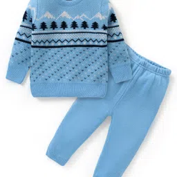 Babyhug Knit Full Sleeves Pullover Sweater and Pant Set Pine Tree Print - Blue-picture-21