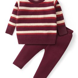 Babyhug Knitted Full Sleeves Sweater Set with Stripes - Maroon-image-81
