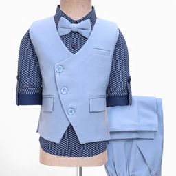 Robo Fry Woven Full Sleeves Printed 3 Piece Party Suit With Bow - Light Blue-picture-10