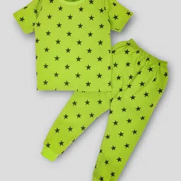 Kiwi Cotton Half Sleeves Star Printed Tee & Coordinating Lounge Pant Set - Green-picture-22