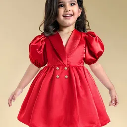 Babyhug Woven Half Puffed Sleeves Fit & Flared Solid Colour Collared Party Frock with Applique- Red-image-64