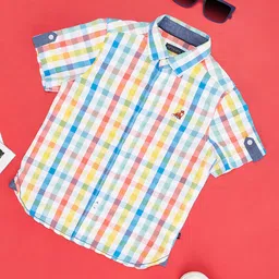 Pantaloons Junior Half Sleeves Checked Animal Patch Detailed Shirt - Multi Colour-image-61