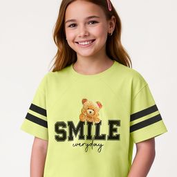Pine Kids Cotton Knit Half Raglan Sleeves T-Shirt With Teddy Print & Tape Detailing - Limegreen-picture-15