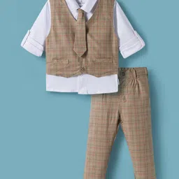 Child World Textile Woven Full Sleeves 3 Pieces Checker Party Suit with Tie - Tan-picture-27