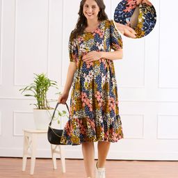 Bella Mama Viscose Woven Half Sleeves Maternity Dress With Floral Print - Multicolor-picture-44