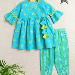 The Magic Wand Cotton Woven Half Bell Sleeves Ethnic Motifs Printed Kurti & Dhoti Set - Blue-picture-35