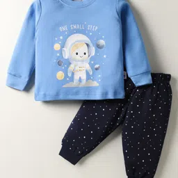 Teddy Interlock Knit Full Sleeves Night Suit with Space Theme Print - Light Blue image 1