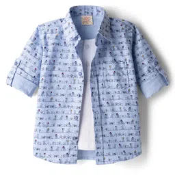 Rikidoos Full Sleeves Dogs Printed Shirt With Attached Tee - Blue & White-picture-18