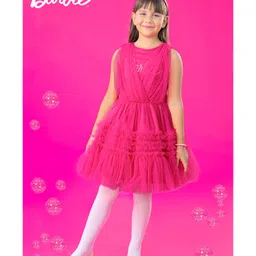 Barbie by Tiny Girl Woven Sleeveless Brand Name Printed Frill Detailed Dress - Hot Pink-image-1