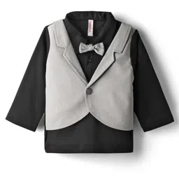 Babyhug Knit Full Sleeves Partywear Solid T-shirt & Pant Set with Attached Waistcoat & Bow Applique - Grey & Black image 2