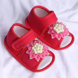 Coco Candy Floral Applique Detailed & Pearl Embellished With Velcro Closure Sandals - Dark Pink image 3