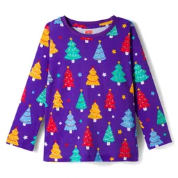 Babyhug Cotton Knit Full Sleeves Co-ords Night Suit With Tree Print - Purple image 2