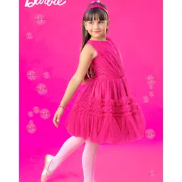 Barbie by Tiny Girl Woven Sleeveless Brand Name Printed Frill Detailed Dress - Hot Pink image 3