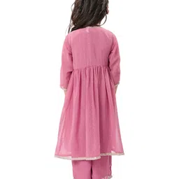 Babyhug Woven Three Fourth Sleeves Embroidered Top & Palazzo Set with Shrug Foil Embroidery - Rose Gold image 3