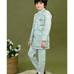 BT DEZINES Satin Woven Full Sleeves Chevron Embroidered Sequins & Pearls Embellished Sherwani Trousers With Mala Set - Light Blue image 4