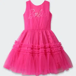 Barbie by Tiny Girl Woven Sleeveless Brand Name Printed Frill Detailed Dress - Hot Pink image 4