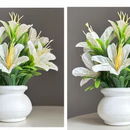 set of 2 white lily flower with pot for desk,table,tv,panel decoration White Lily Artificial Flower with Pot-image-39