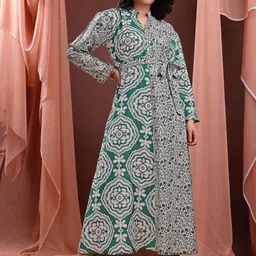 Women Printed Green Maxi Cotton Dress-image-63