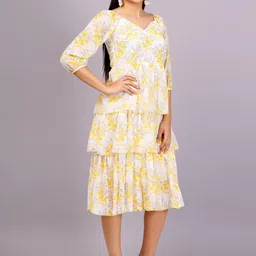JC4U Floral Printed Gathered Or Pleated Georgette A-Line Midi Dress image 2