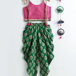Twisha Sleeveless Brocade Top With Motif Print Dhoti - Pink & Green-picture-17