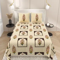 INDRA'S Cream-Coloured & Pink Floral 160 TC King Bedsheet with 2 Pillow Covers-picture-24