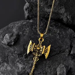 Voylla Men Gold-Plated Statement Warrior Axe Oxidised Pendant With Chain-picture-19
