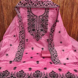 HERE&NOW Floral Embroidered Thread Work Chanderi Cotton Unstitched Dress Material image 3