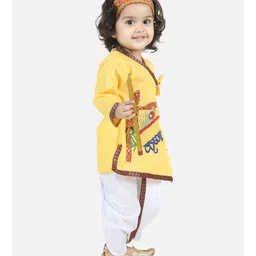 BownBee Janmashtami Theme Full Sleeves Krishna Embroidery Detailing Kurta With Dhoti & Bansuri Mukut With Belt - Yellow image 4