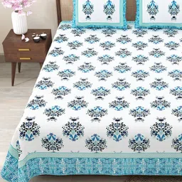 Myntra Elegant Homes Blue & Green Floral 180 TC King Bedsheet with 2 Pillow Covers-picture-14