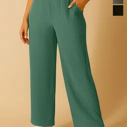 Fabflee Women Pack Of 3 Solid Mid-Rise Wide Leg Trousers-image-7