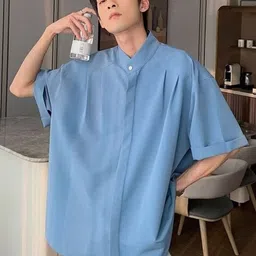KPOP Men Original Oversized Regular Fit Solid Band Collar Cotton Casual Shirt-picture-36