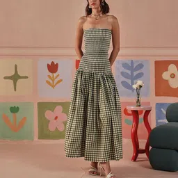 Sage by Mala Olea Checked Fit & Flare Cotton Maxi Dress With Scarf-picture-20