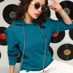 Campus Sutra Women Printed Hooded Long Sleeves Cotton Pullover Sweatshirt image 2