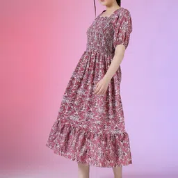Jash Creation Floral Printed Puff Sleeve Fit & Flare Midi Dress image 4
