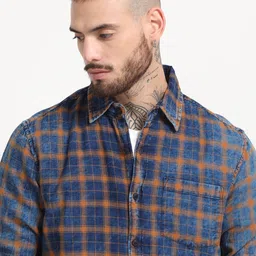 SILISOUL Men Classic Spread Collar Tartan Checked Denim Slim Fit Casual Shirt image 3