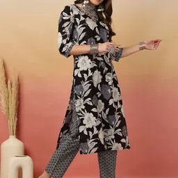 Sangria Floral Printed Adda Work Cotton Kurta With Trouser & Dupatta image 5
