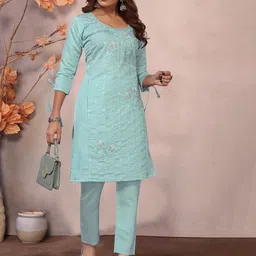 NANDKASHI Women Floral Embroidered Regular Beads and Stones Kurta with Palazzos image 3