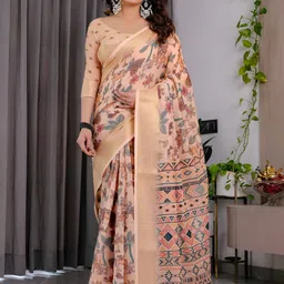 AVANTIKA FASHION Pure Linen Ethnic Motifs Printed Zari Kanjeevaram Saree With Blouse image 5