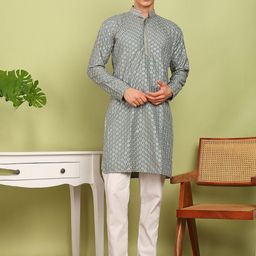 FUBAR Geometric Embroidered Thread Work Mandarin Collar Straight Kurta-picture-46