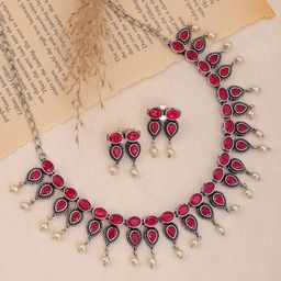 TOS Ruby Silver Oxidized Necklace With Earrings Set-picture-19