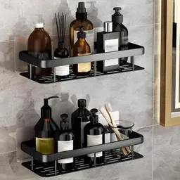 frap No-Drill Black Bathroom Shelf Organizer | Adhesive Shower Caddy Storage Rack Aluminium Wall Shelf image 1