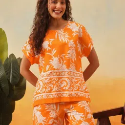 Clovia Rayon Floral Print Top And Shorts Orange-image-49