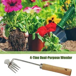 REDBUILD® Garden Weeding Tool with Wooden Handle || Weeder Hand Tool 4 Claws || High Carbon Steel || Manual Weed Puller for Lawn and Garden || Gardening Tools || Weed Removal Tool (Stainless Steel) image 3